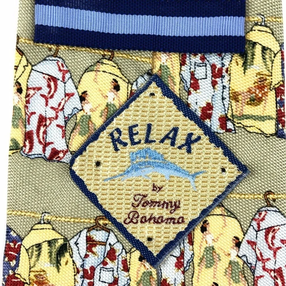 RELAX By Tommy Bahama All Silk Tan & Multicolor Tropical Aloha Shirts Square Tie
